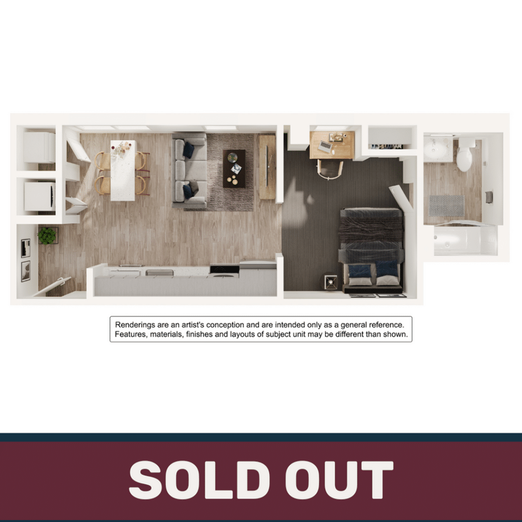 A 3D image of the 1BR/1BA – Jr floorplan, a 398 squarefoot, 0 bed / 1 bath unit