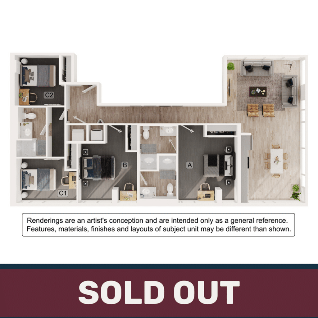 A 3D image of the 3BR/3BA – C1 floorplan, a 1512 squarefoot, 3 bed / 3 bath unit