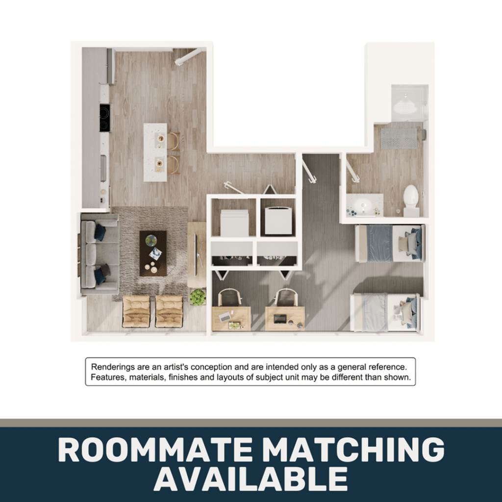 A 3D image of the 1BR/1BA – A2 floorplan, a 618 squarefoot, 1 bed / 1 bath unit