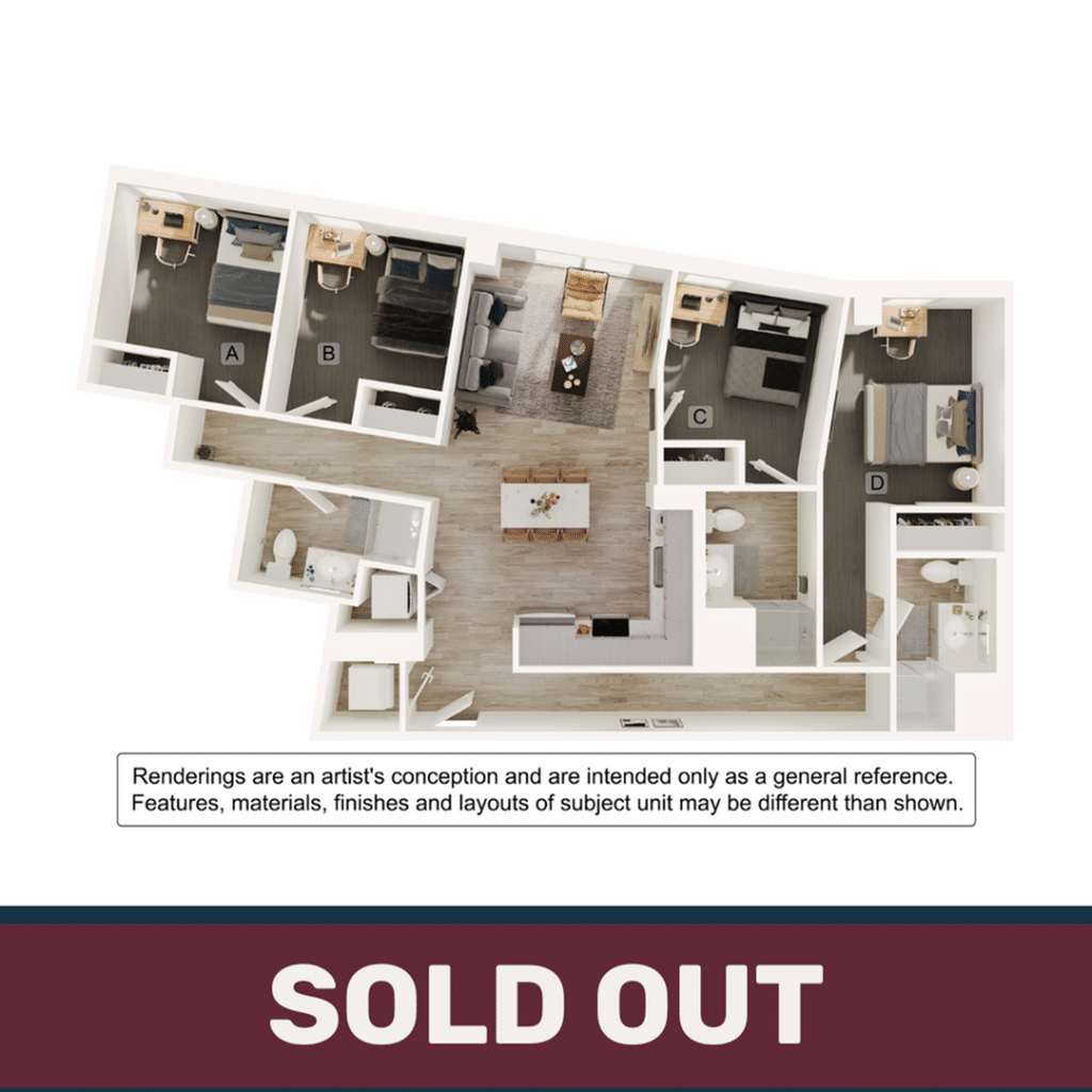 A 3D image of the 4BR/3BA – D2 floorplan, a 1187 squarefoot, 4 bed / 3 bath unit