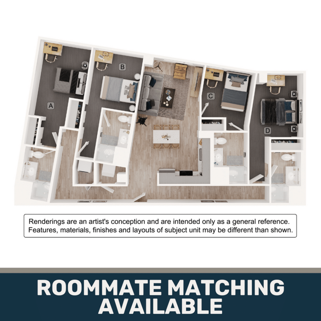 A 3D image of the 4BR/4BA – D3 floorplan, a 1399 squarefoot, 4 bed / 4 bath unit