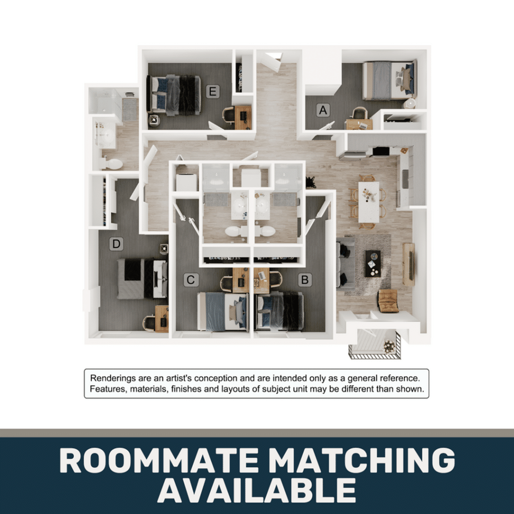 A 3D image of the 5BR/3BA – E1 floorplan, a 1347 squarefoot, 5 bed / 3 bath unit