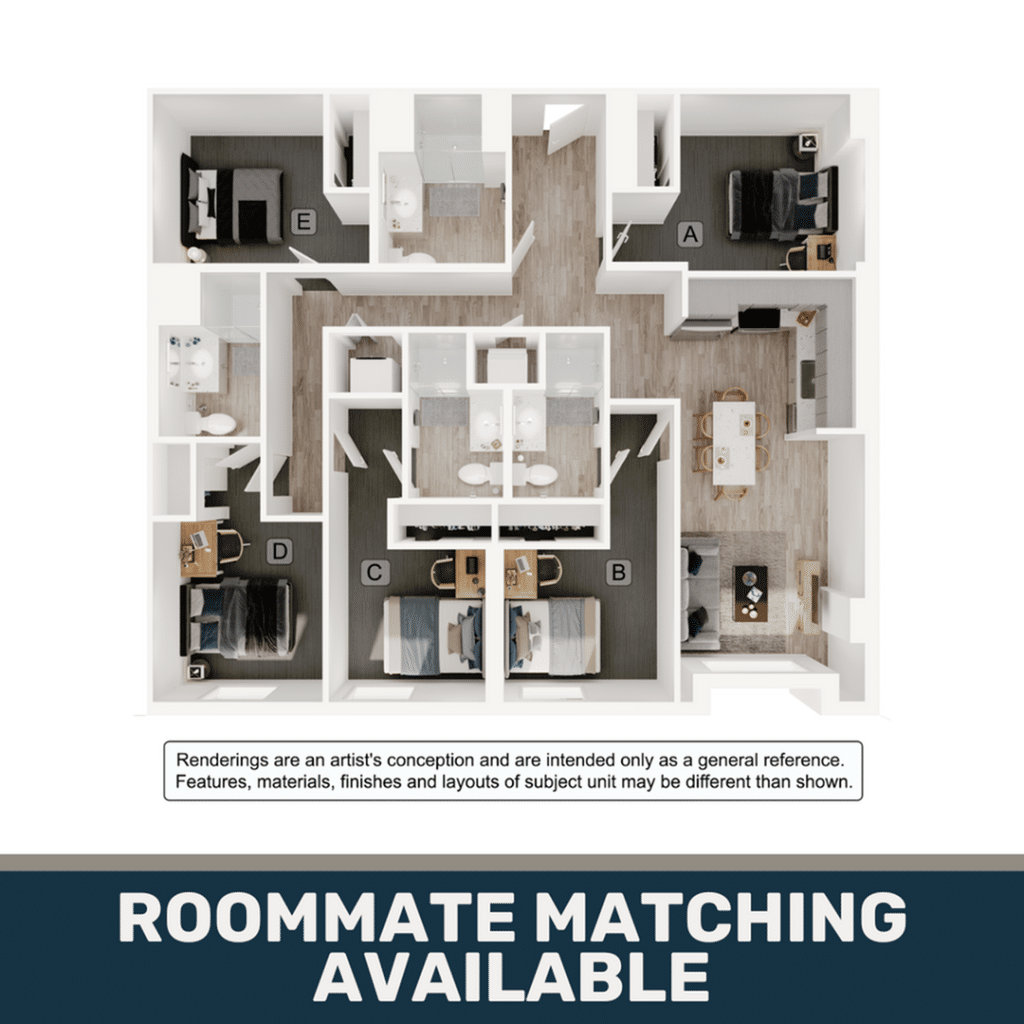 A 3D image of the 5BR/4BA – E3 floorplan, a 1379 squarefoot, 5 bed / 4 bath unit