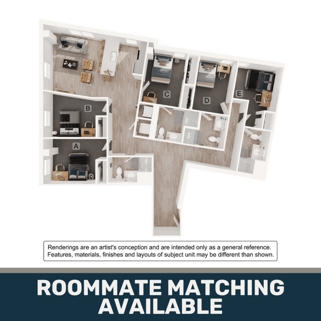 A 3D image of the 5BR/4BA – E4 floorplan, a 1633 squarefoot, 5 bed / 4 bath unit