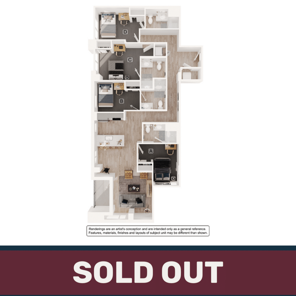 A 3D image of the 4BR/4BA – D4 floorplan, a 1319 squarefoot, 4 bed / 4 bath unit