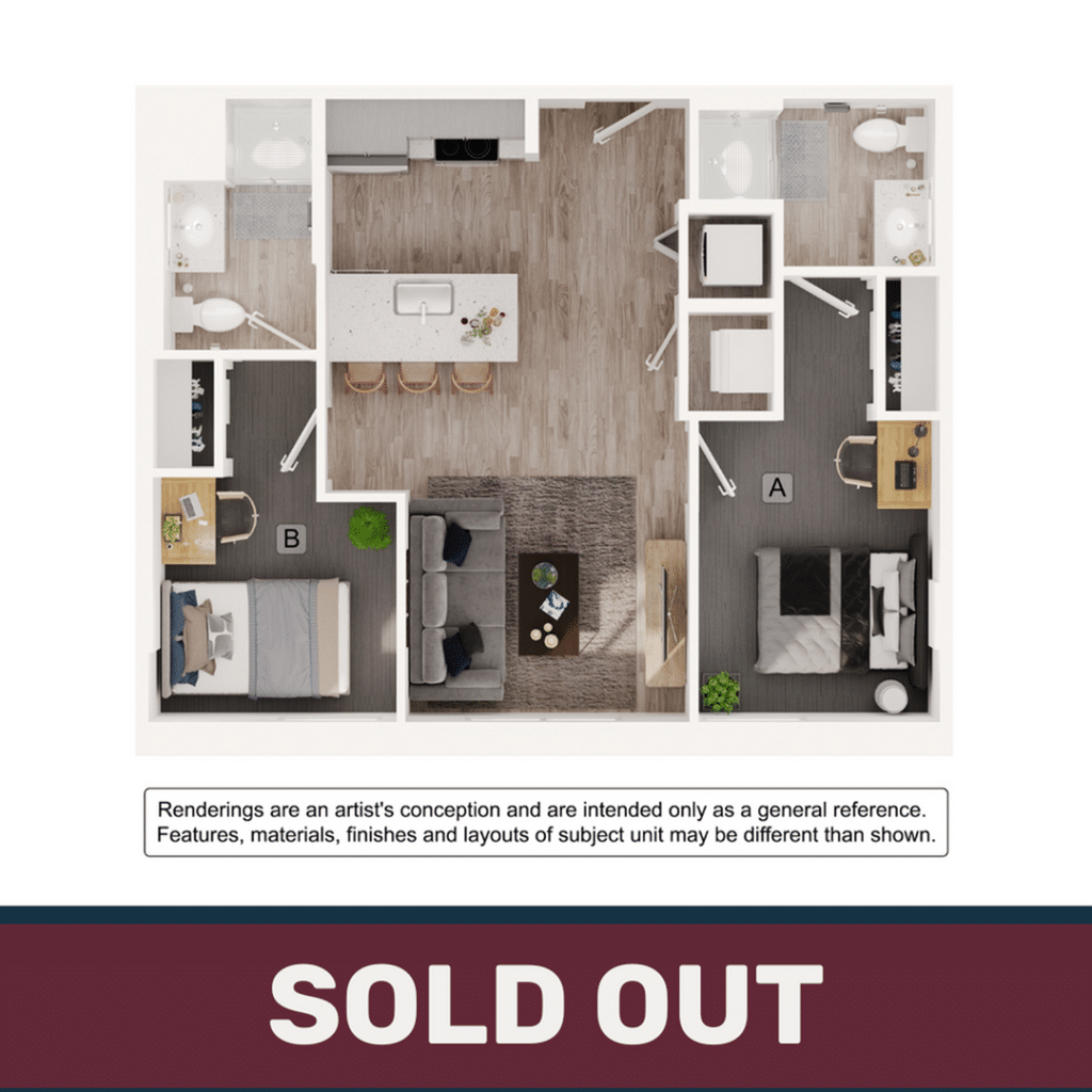 A 3D image of the 2BR/2BA – B6 floorplan, a 739 squarefoot, 2 bed / 2 bath unit