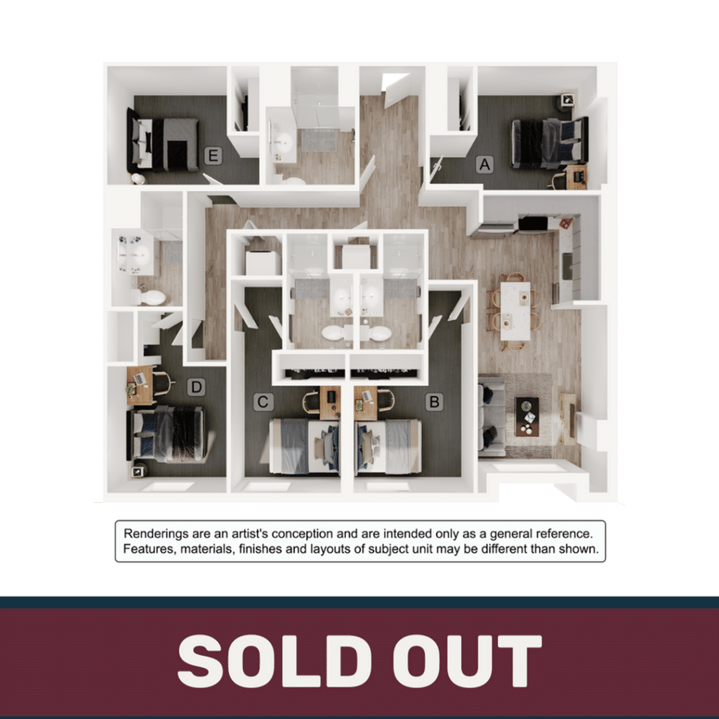 A 3D image of the 5BR/4BA – E3 floorplan, a 1379 squarefoot, 5 bed / 4 bath unit