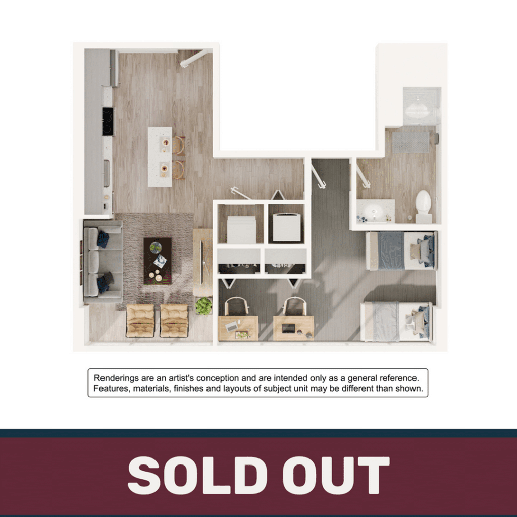 A 3D image of the 1BR/1BA – A2 floorplan, a 618 squarefoot, 1 bed / 1 bath unit
