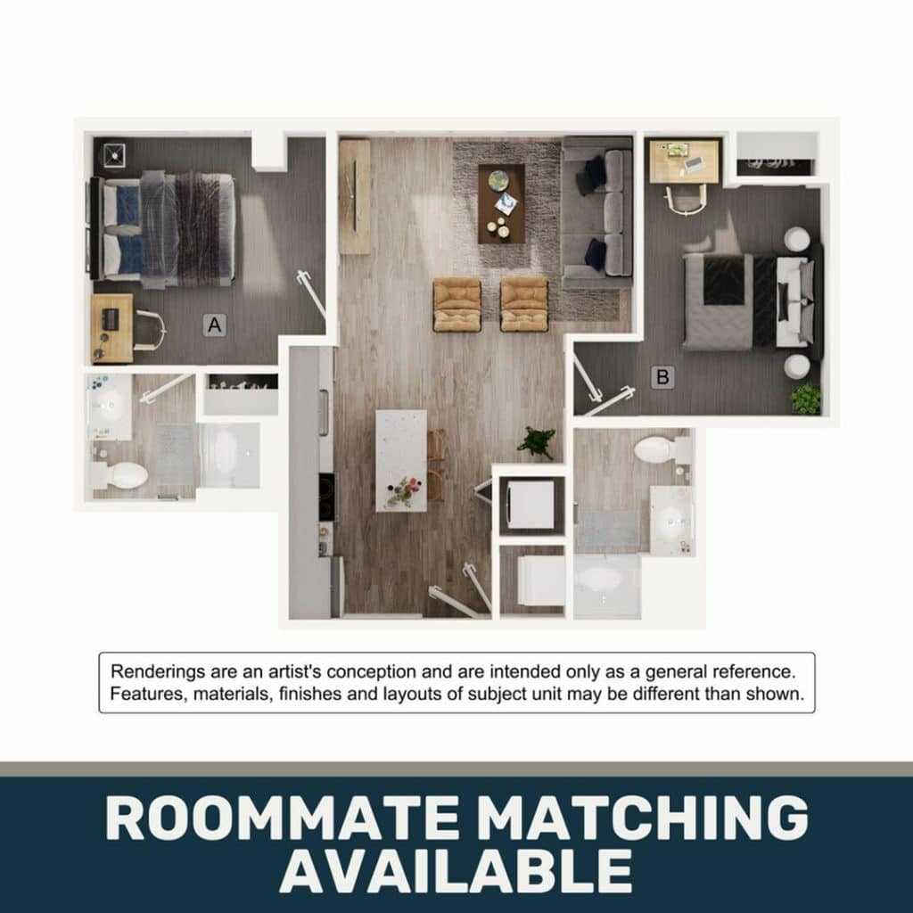 A 3D image of the 2BR/2BA – B4 floorplan, a 718 squarefoot, 2 bed / 2 bath unit
