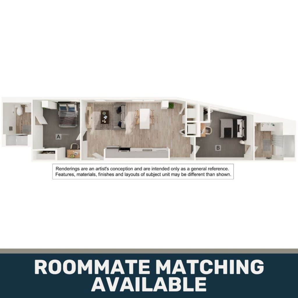 A 3D image of the 2BR/2BA – B8 floorplan, a 898 squarefoot, 2 bed / 2 bath unit