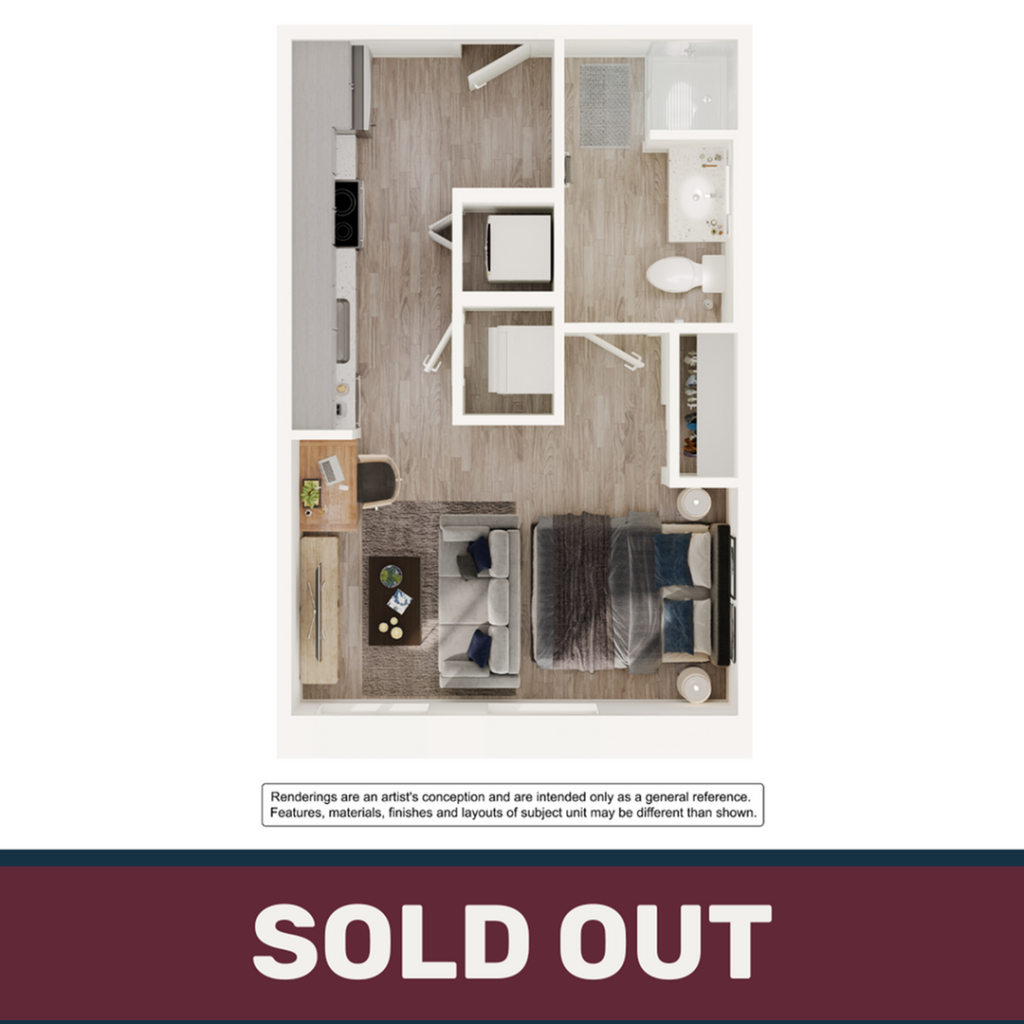 A 3D image of the Studio – S1 floorplan, a 395 squarefoot, 0 bed / 1 bath unit