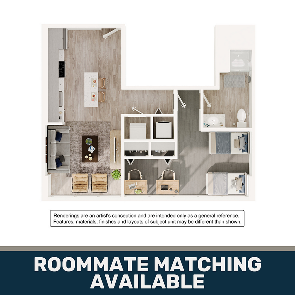 A 3D image of the 1BR/1BA – A2 floorplan, a 618 squarefoot, 1 bed / 1 bath unit