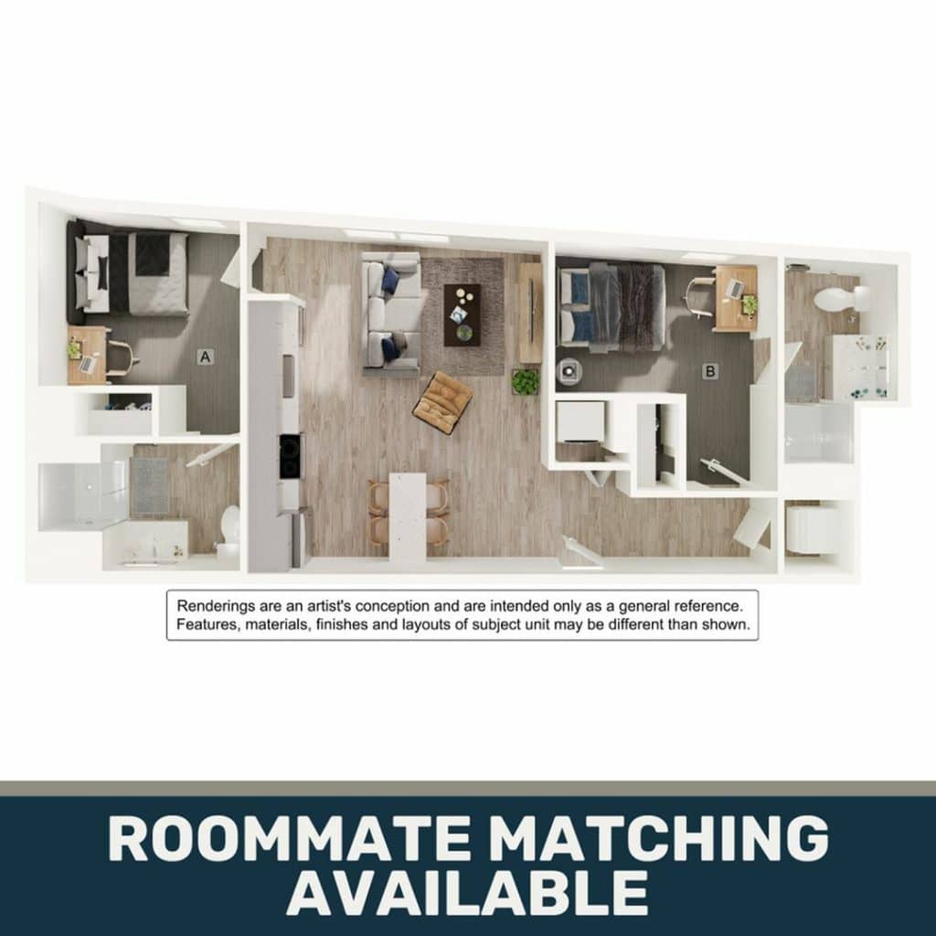 A 3D image of the 2BR/2BA – B7 floorplan, a 741 squarefoot, 2 bed / 2 bath unit