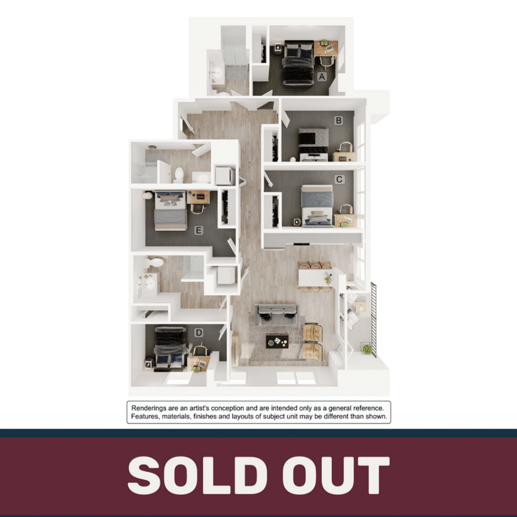 A 3D image of the 5BR/3BA – E2 floorplan, a 1485 squarefoot, 5 bed / 3 bath unit