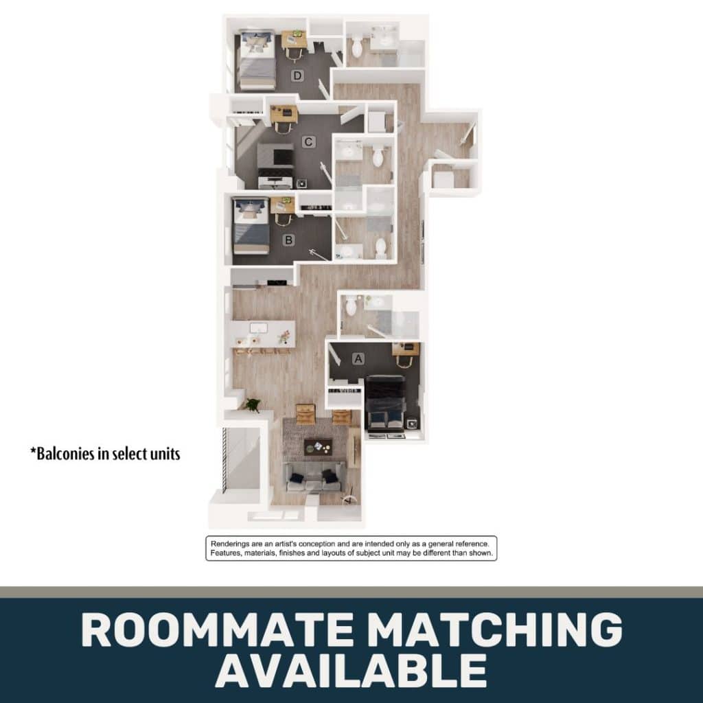 A 3D image of the 4BR/4BA – D4 floorplan, a 1319 squarefoot, 4 bed / 4 bath unit