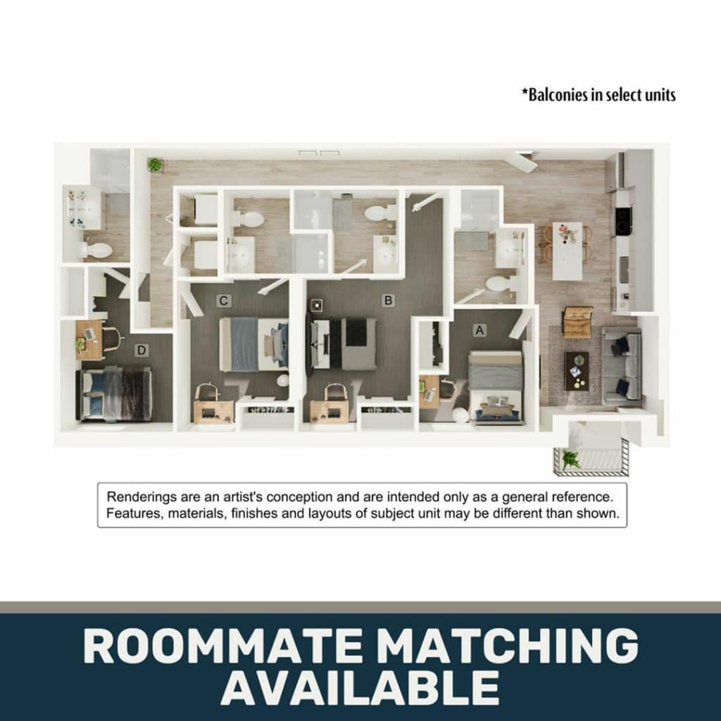 A 3D image of the 4BR/4BA – D5 floorplan, a 1226 squarefoot, 4 bed / 4 bath unit