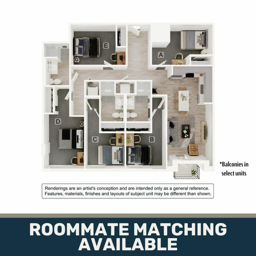 A 3D image of the 5BR/3BA – E1 floorplan, a 1347 squarefoot, 5 bed / 3 bath unit