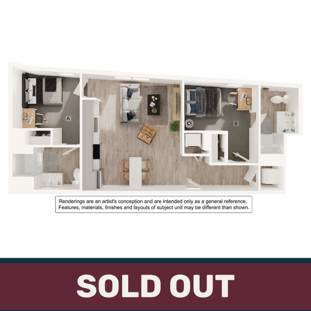 A 3D image of the 2BR/2BA – B7 floorplan, a 741 squarefoot, 2 bed / 2 bath unit