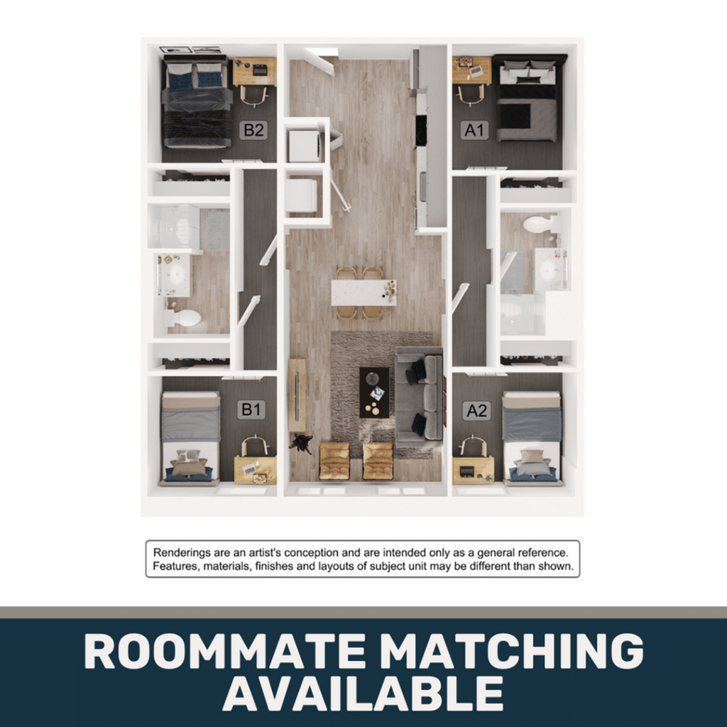 A 3D image of the 2BR/2BA – B2 floorplan, a 1108 squarefoot, 2 bed / 2 bath unit