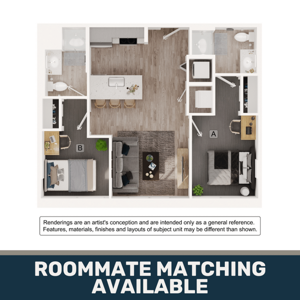 A 3D image of the 2BR/2BA – B6 floorplan, a 739 squarefoot, 2 bed / 2 bath unit