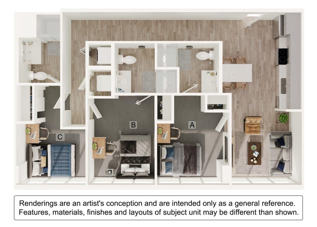 A 3D image of the 3BR/3BA – C1 floorplan, a 1512 squarefoot, 3 bed / 3 bath unit