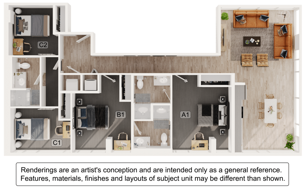 A 3D image of the 3BR/3BA – C1 floorplan, a 1512 squarefoot, 3 bed / 3 bath unit