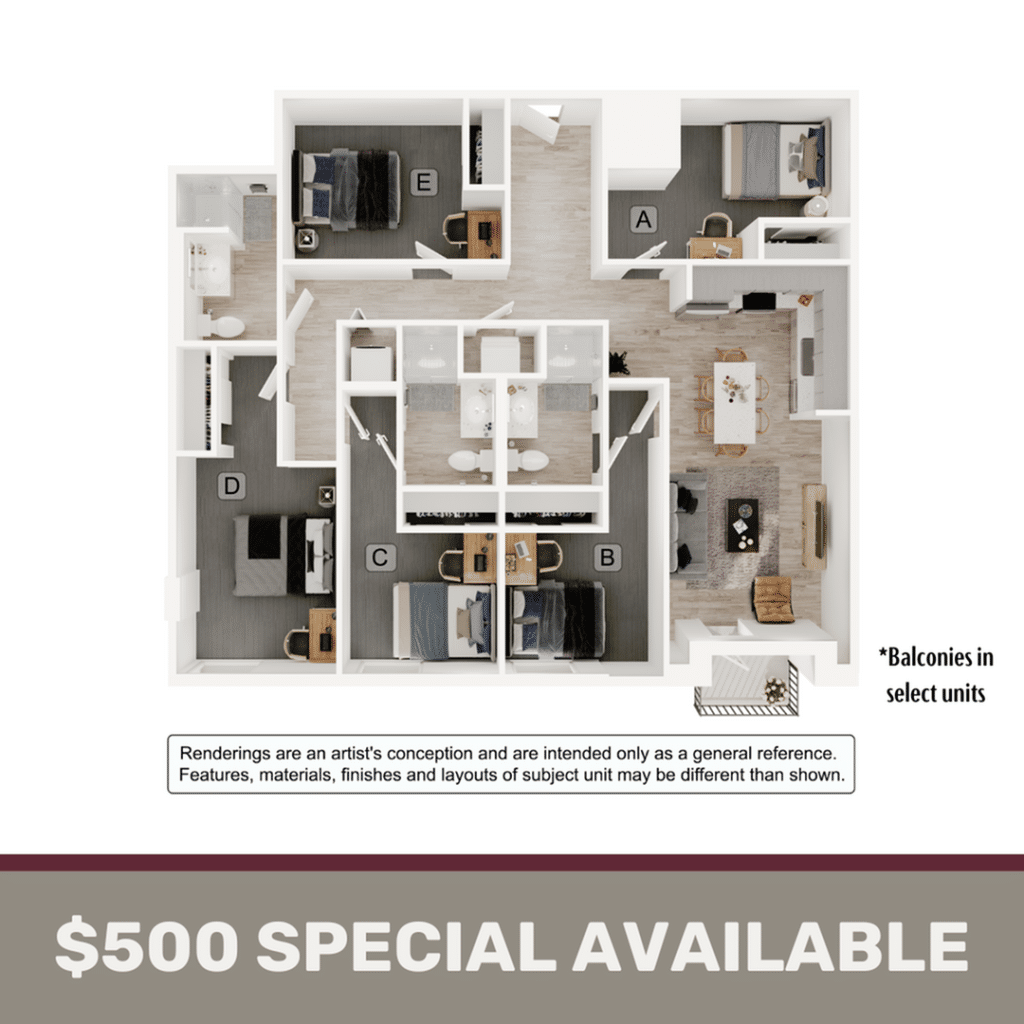 A 3D image of the 5BR/3BA – E1 floorplan, a 1347 squarefoot, 5 bed / 3 bath unit