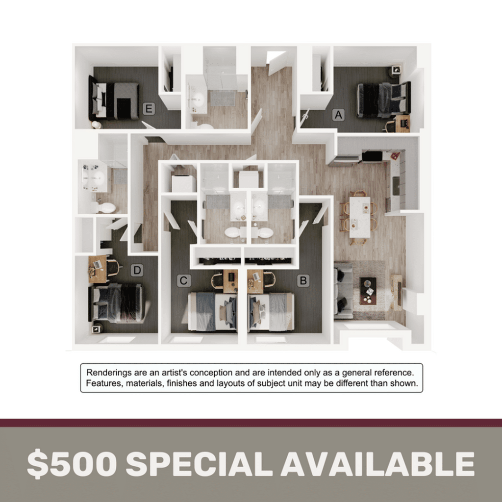 A 3D image of the 5BR/4BA – E3 floorplan, a 1379 squarefoot, 5 bed / 4 bath unit