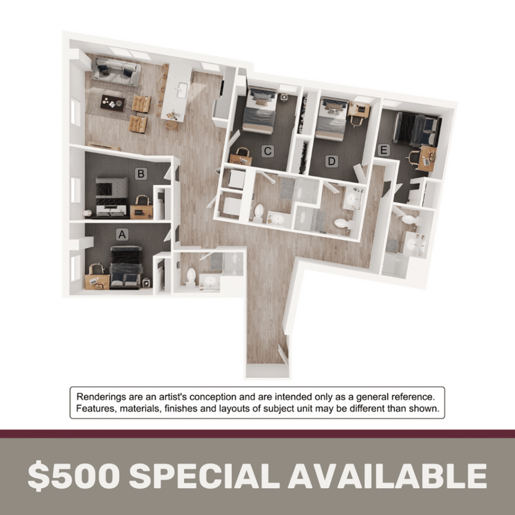 A 3D image of the 5BR/4BA – E4 floorplan, a 1633 squarefoot, 5 bed / 4 bath unit