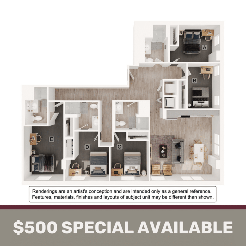 A 3D image of the 5BR/4BA – E5 floorplan, a 1619 squarefoot, 5 bed / 4 bath unit