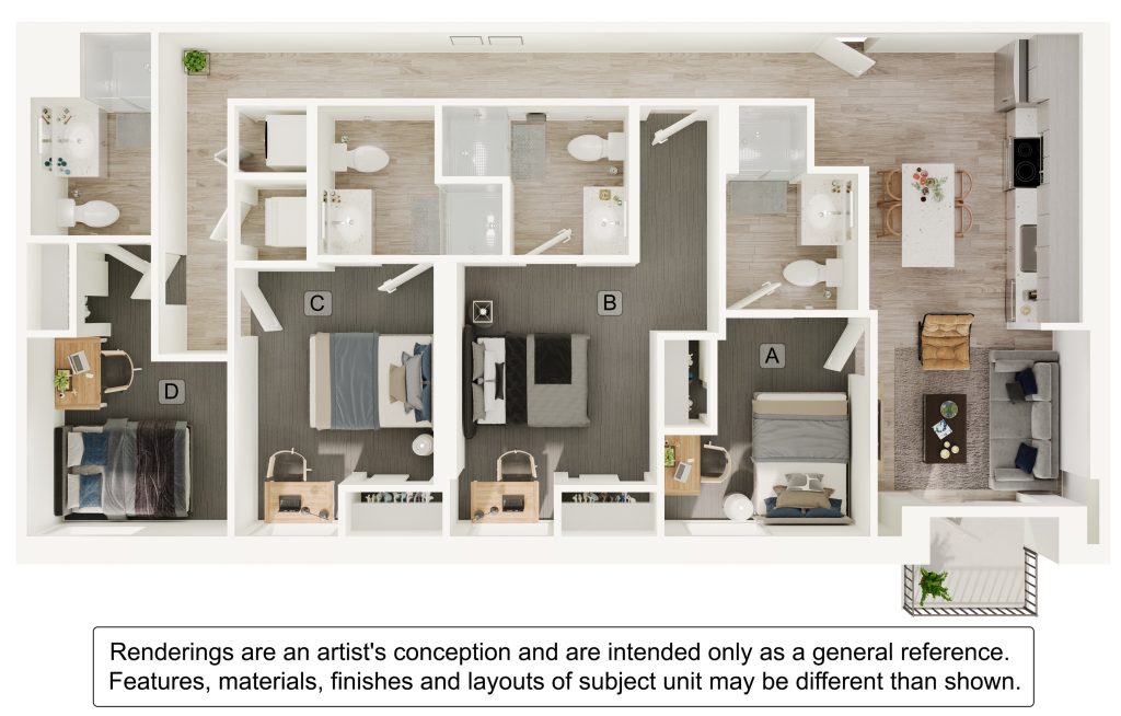 A 3D image of the 4BR/4BA – D5 floorplan, a 1226 squarefoot, 4 bed / 4 bath unit