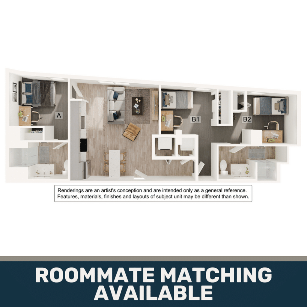 A 3D image of the 2BR/2BA – B3 floorplan, a 849 squarefoot, 2 bed / 2 bath unit