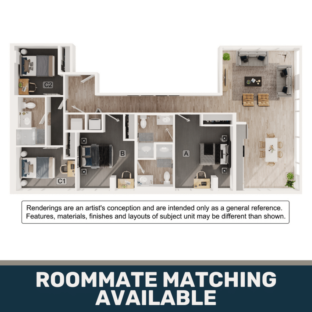 A 3D image of the 3BR/3BA – C1 floorplan, a 1512 squarefoot, 3 bed / 3 bath unit