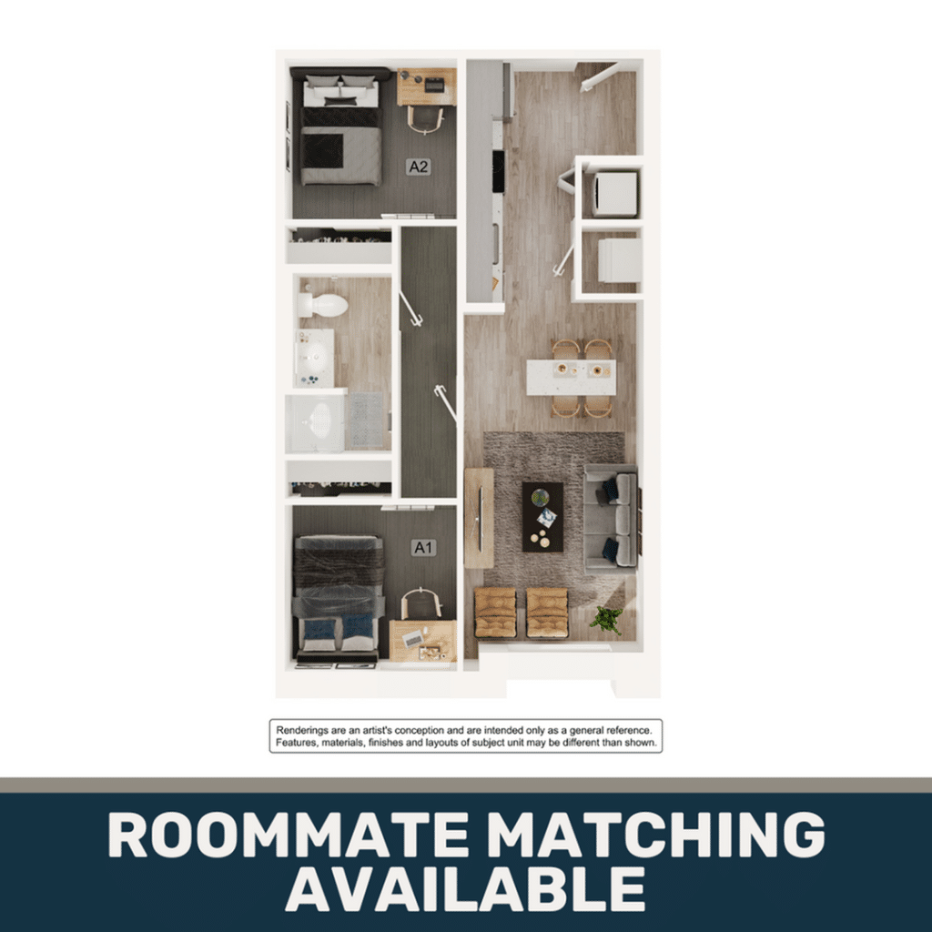 A 3D image of the 1BR/1BA – A1 floorplan, a 693 squarefoot, 1 bed / 1 bath unit