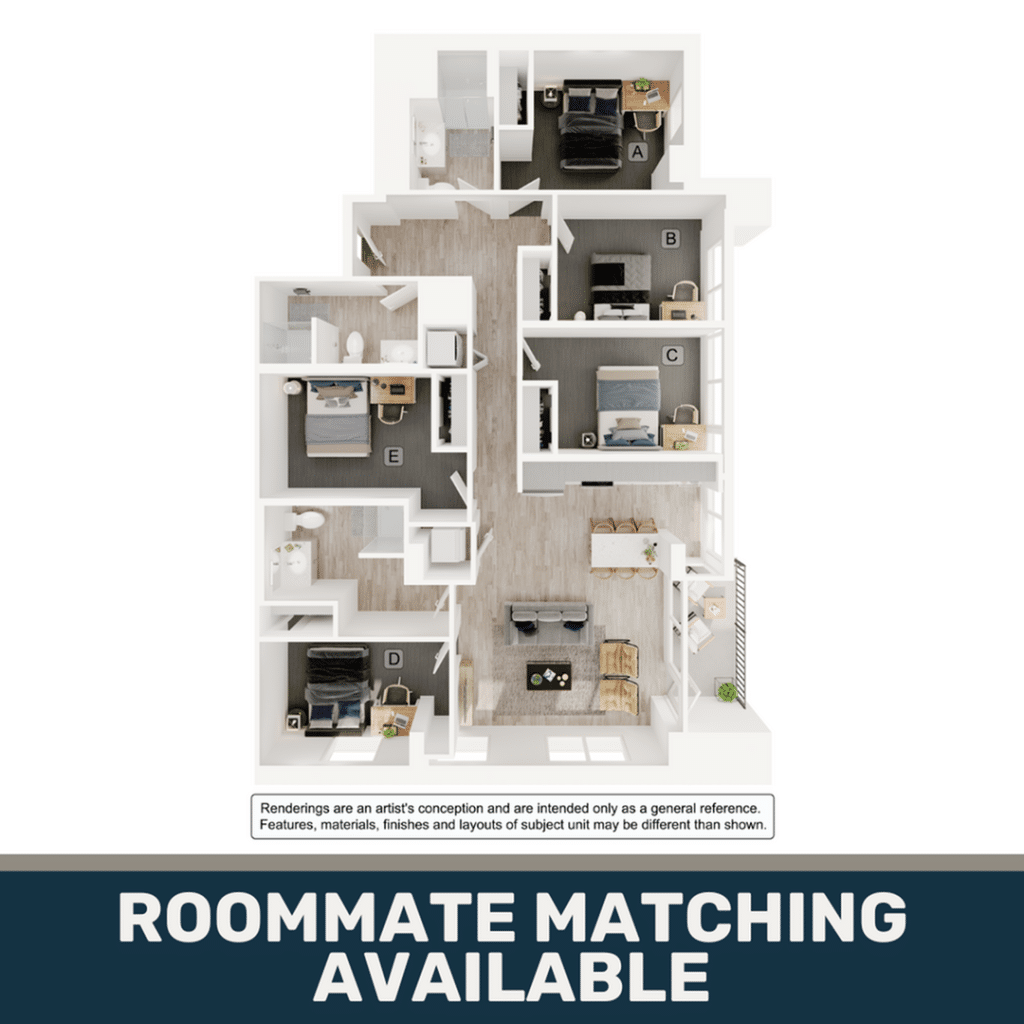 A 3D image of the 5BR/3BA – E2 floorplan, a 1485 squarefoot, 5 bed / 3 bath unit
