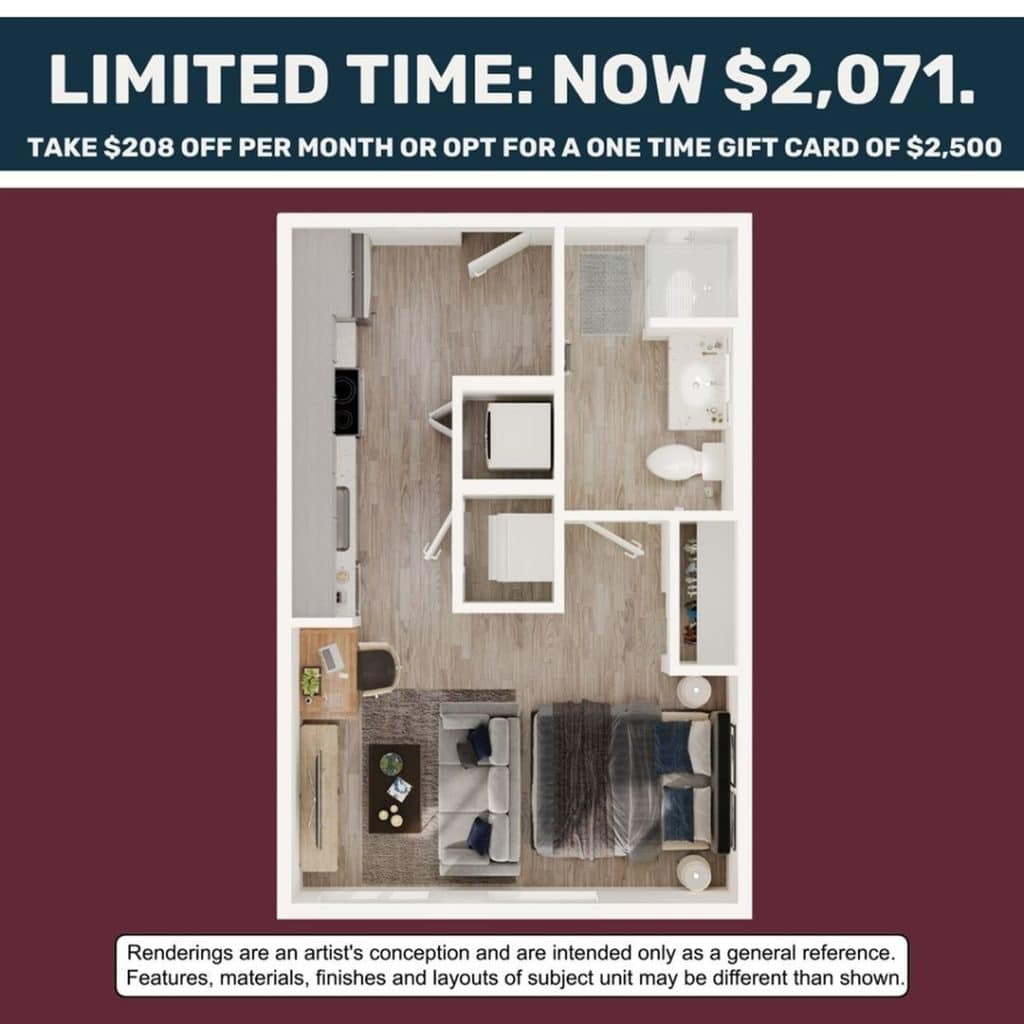 A 3D image of the Studio – S1 floorplan, a 395 squarefoot, 0 bed / 1 bath unit