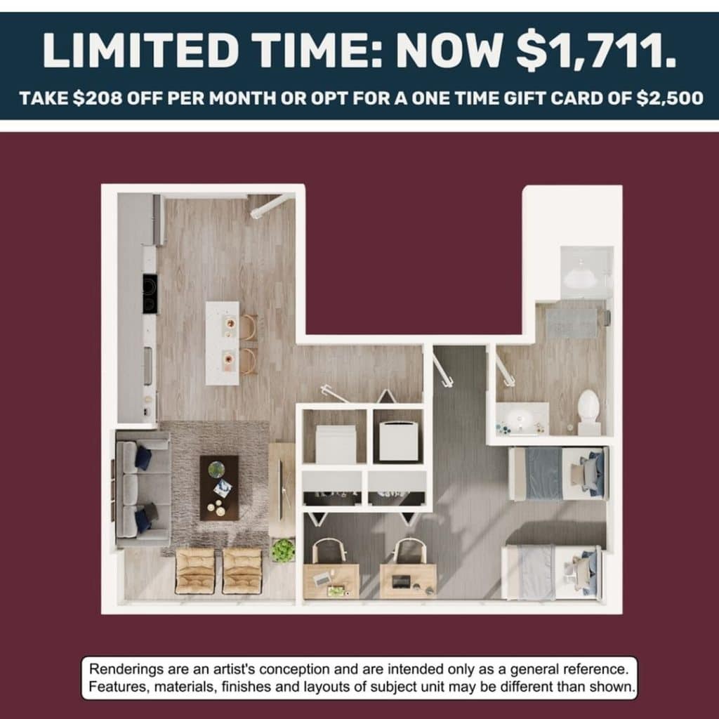 A 3D image of the 1BR/1BA – A2 floorplan, a 618 squarefoot, 1 bed / 1 bath unit