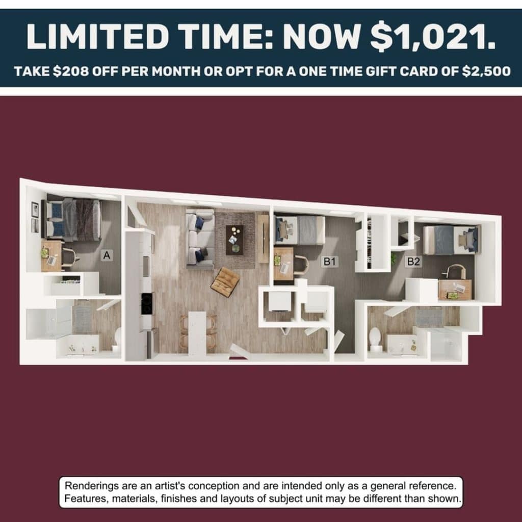 A 3D image of the 2BR/2BA – B3 floorplan, a 849 squarefoot, 2 bed / 2 bath unit