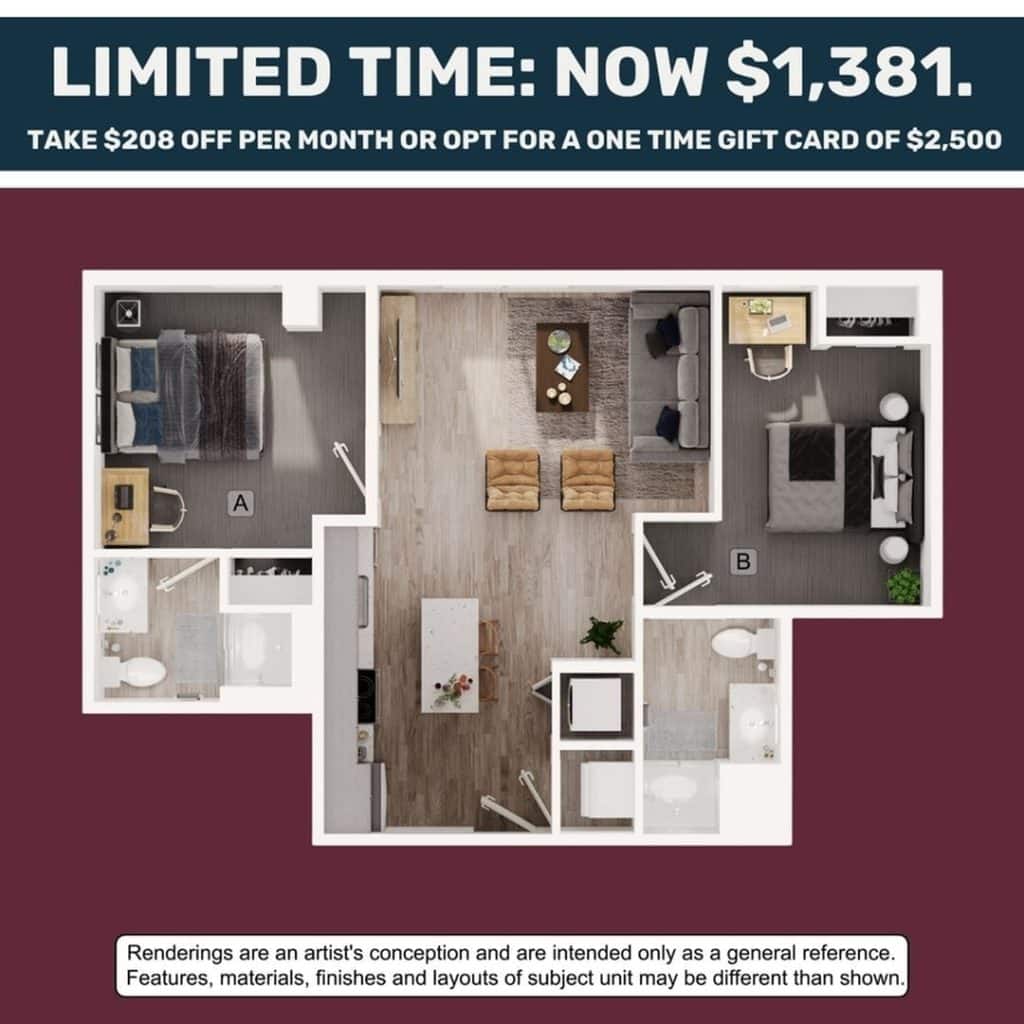 A 3D image of the 2BR/2BA – B4 floorplan, a 718 squarefoot, 2 bed / 2 bath unit