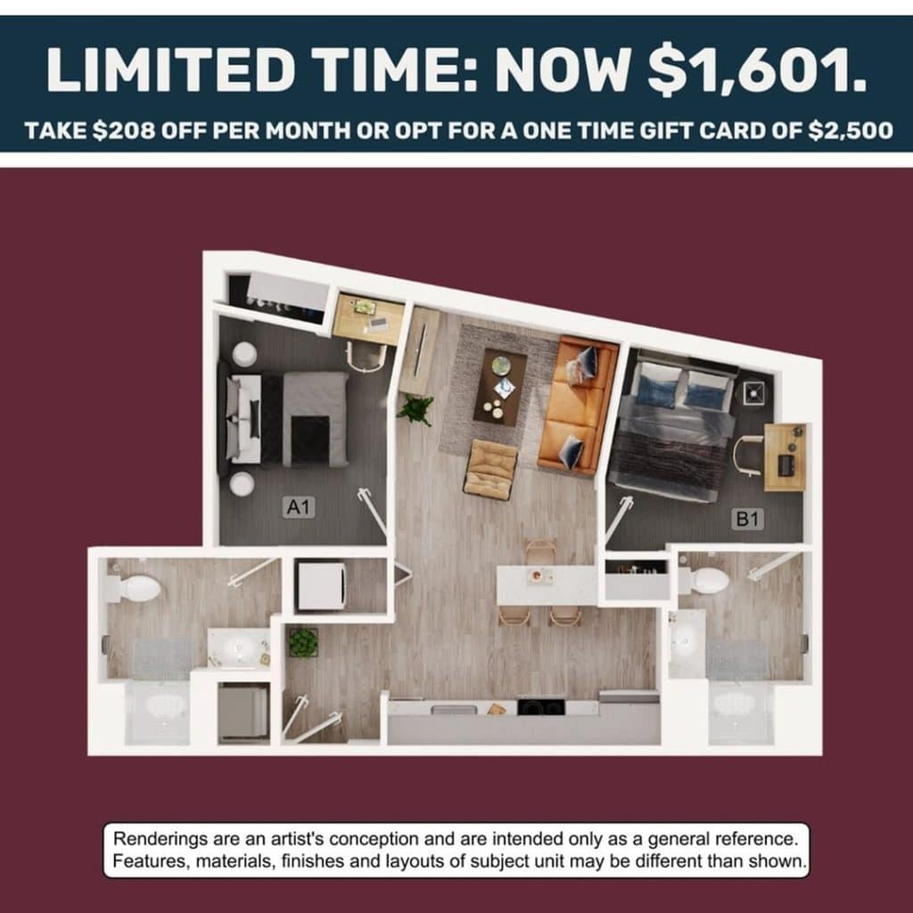 A 3D image of the 2BR/2BA – B5 floorplan, a 727 squarefoot, 2 bed / 2 bath unit