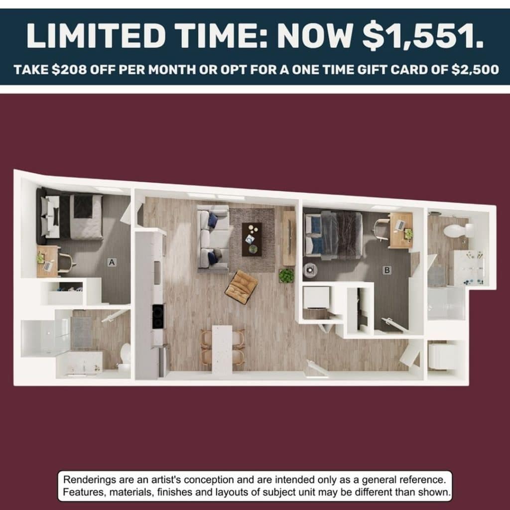 A 3D image of the 2BR/2BA – B7 floorplan, a 741 squarefoot, 2 bed / 2 bath unit