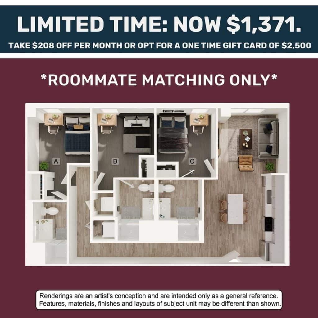 A 3D image of the 3BR/3BA – C2 floorplan, a 990 squarefoot, 3 bed / 3 bath unit