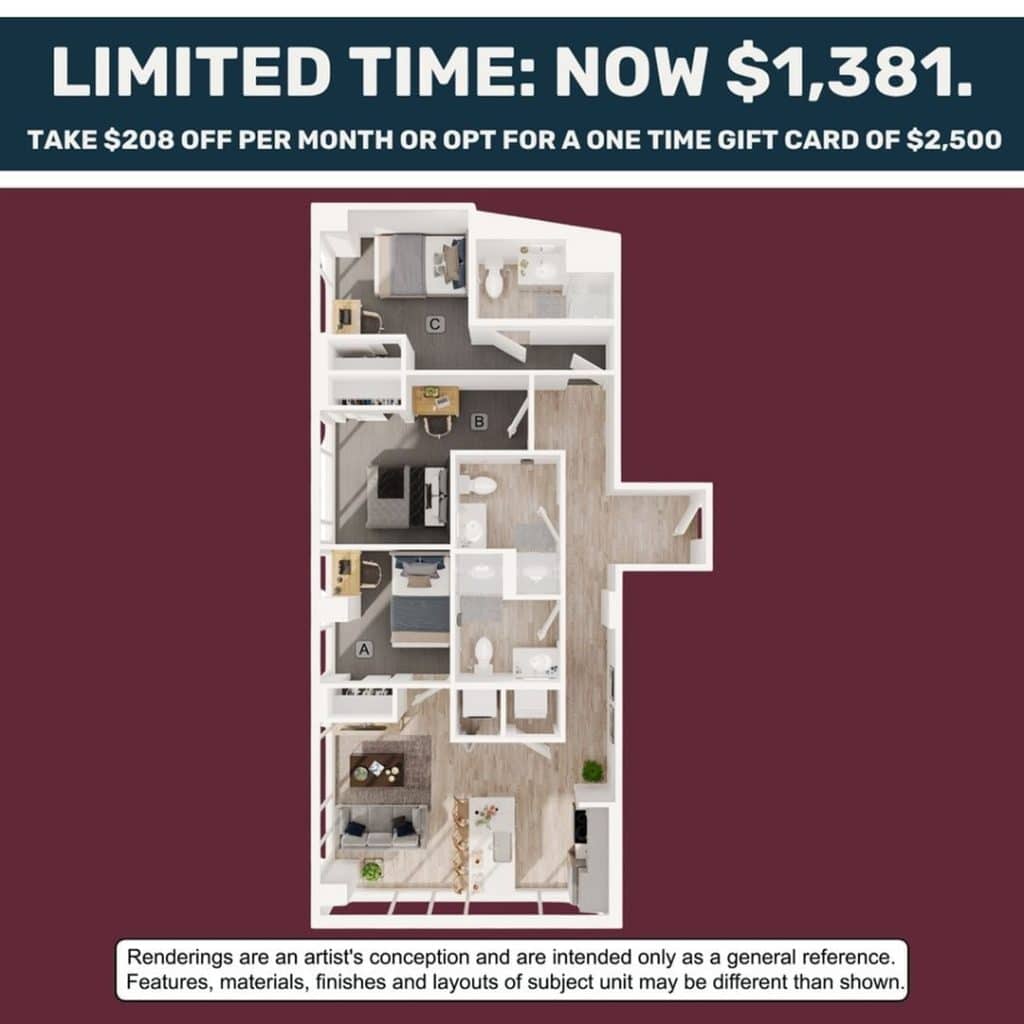 A 3D image of the 3BR/3BA – C3 floorplan, a 1047 squarefoot, 3 bed / 3 bath unit