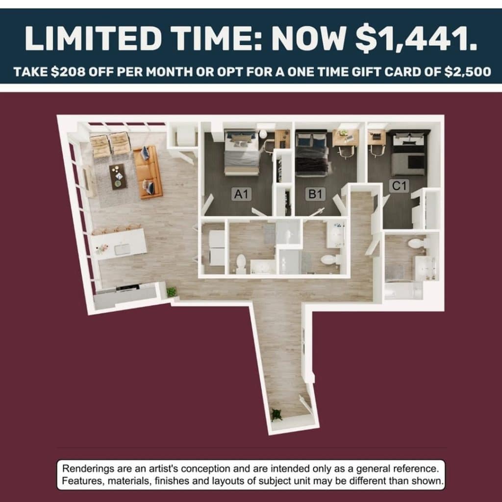 A 3D image of the 3BR/3BA – C4 floorplan, a 1300 squarefoot, 3 bed / 3 bath unit
