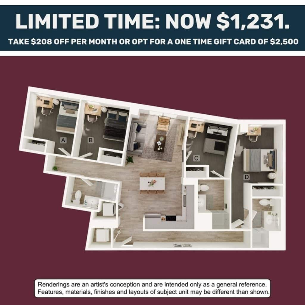 A 3D image of the 4BR/3BA – D2 floorplan, a 1187 squarefoot, 4 bed / 3 bath unit
