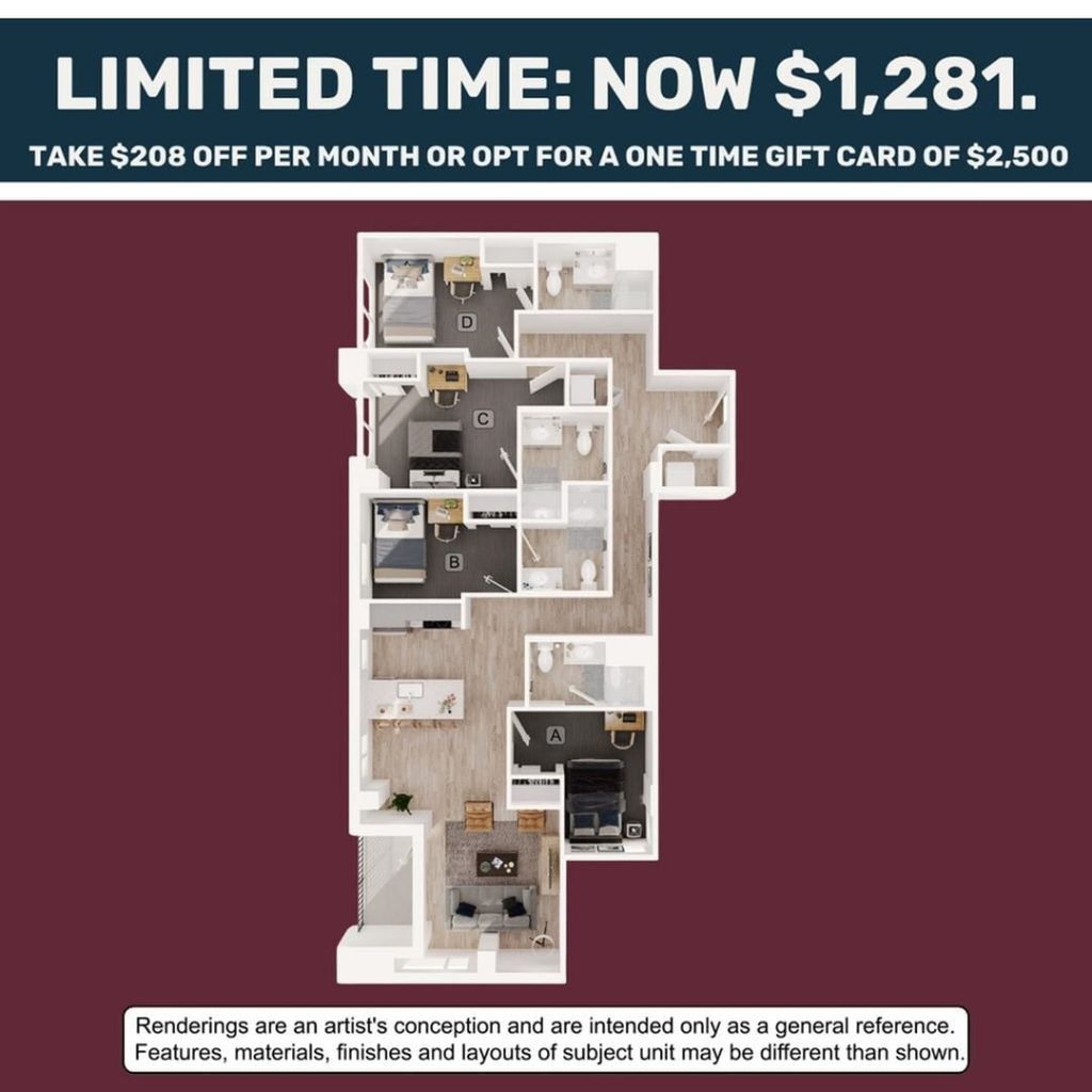 A 3D image of the 4BR/4BA – D4 floorplan, a 1319 squarefoot, 4 bed / 4 bath unit