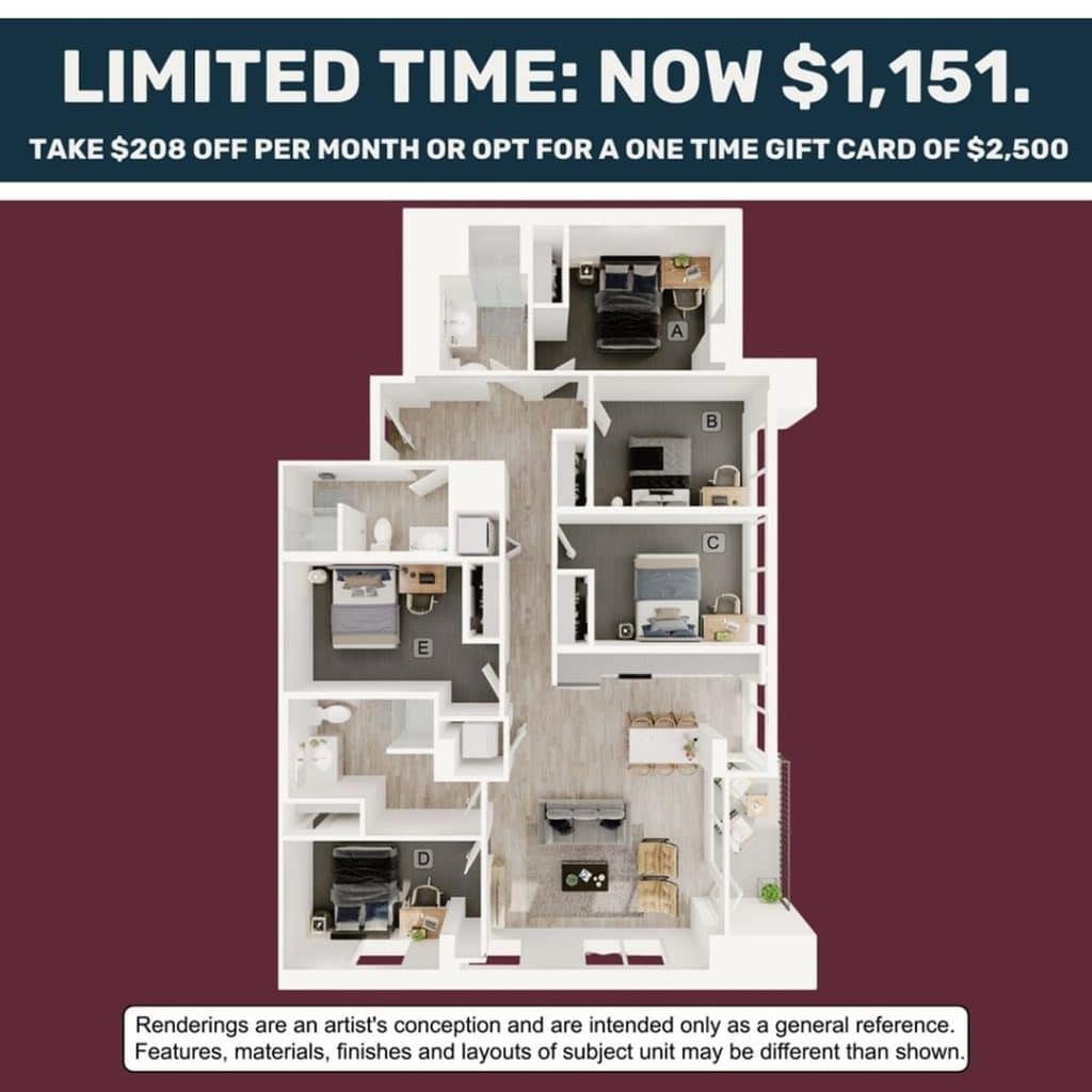 A 3D image of the 5BR/3BA – E2 floorplan, a 1485 squarefoot, 5 bed / 3 bath unit