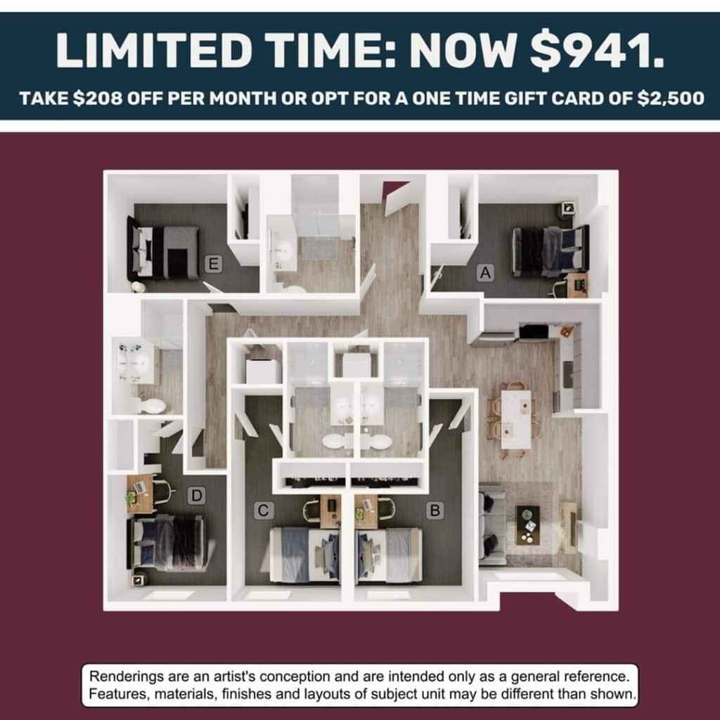 A 3D image of the 5BR/4BA – E3 floorplan, a 1379 squarefoot, 5 bed / 4 bath unit