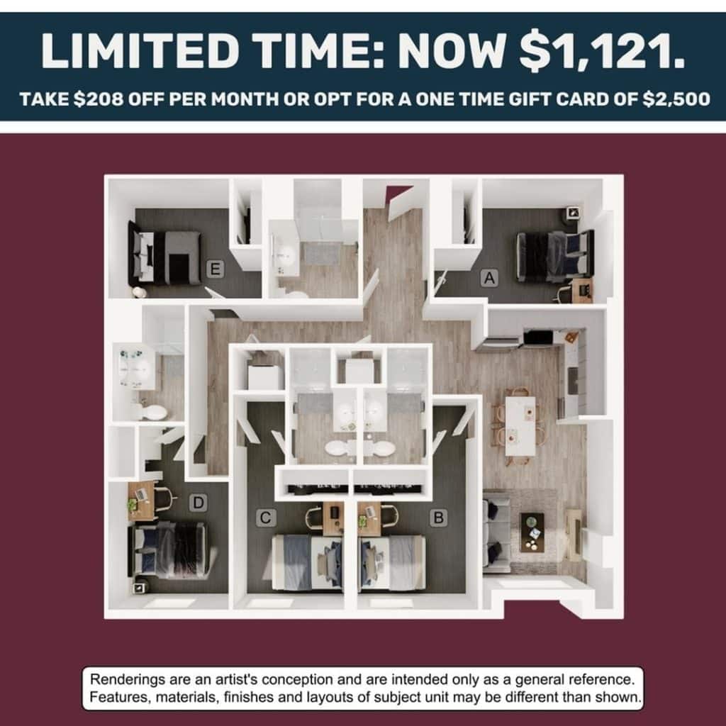 A 3D image of the 5BR/4BA – E4 floorplan, a 1633 squarefoot, 5 bed / 4 bath unit