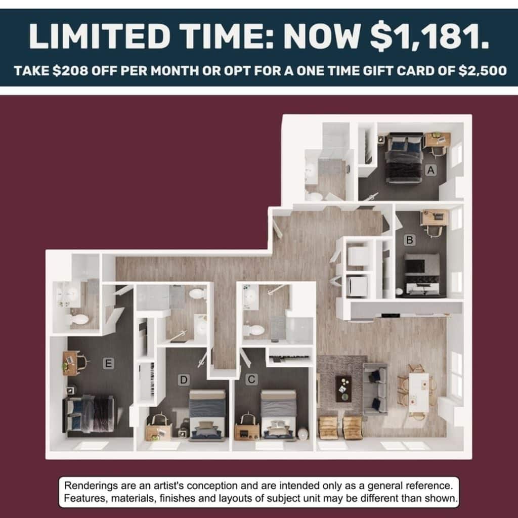 A 3D image of the 5BR/4BA – E5 floorplan, a 1619 squarefoot, 5 bed / 4 bath unit